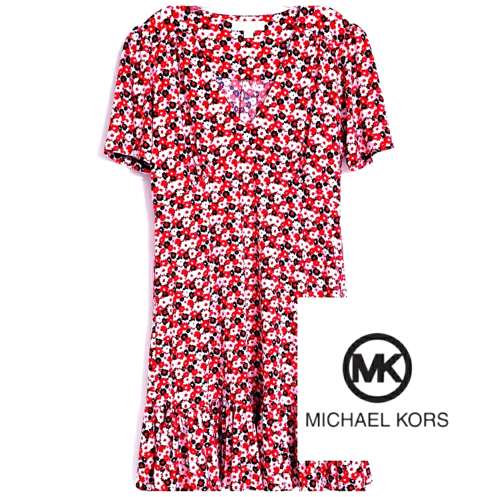 Nwot MICHAEL Michael Kors Red Pink,Blk Small Daisy Shortsleeve Knit Shift Dress
